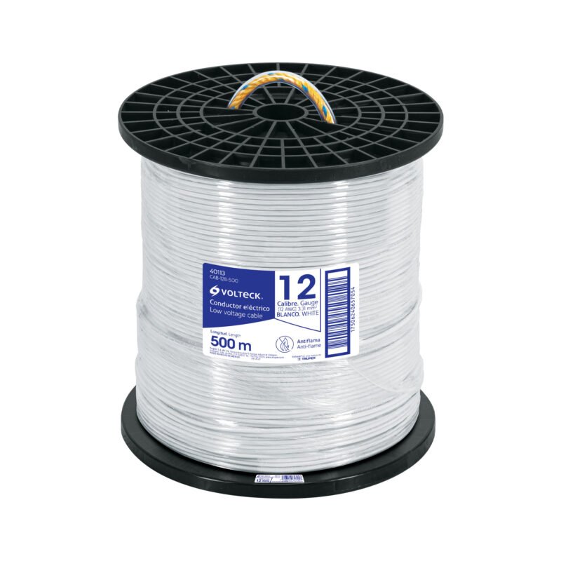 CAB-12B-500.jpg Código: 40113 Metro de cable THHW-LS 12 AWG blanco en carrete de 500 m CAB-12B-500
