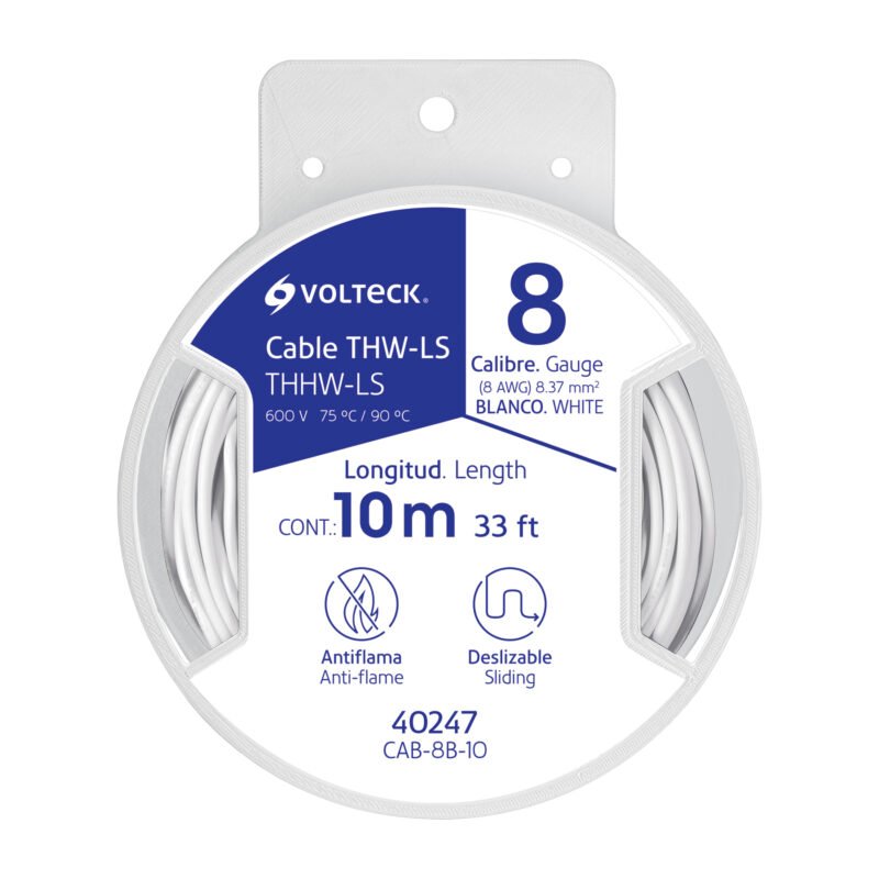 CAB-8B-10.jpg Código: 40247 Carrete con 10 m de cable THHW-LS 8 AWG blanco, Volteck CAB-8B-10