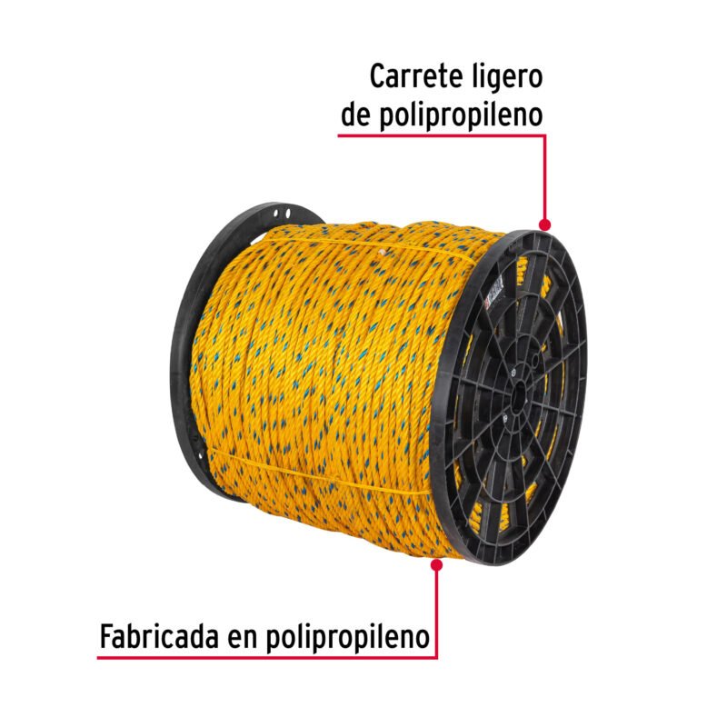 CUE-08MFC1.jpg Código: 40176 Metro de cuerda amarilla de polipropileno 8mm, carrete 640m CUE-08M