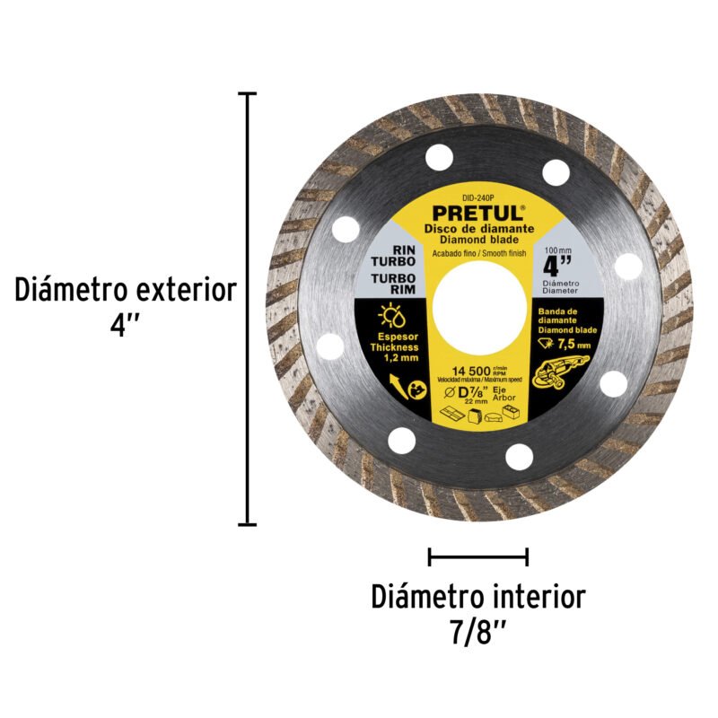 DID-240PFC1.jpg Código: 27016 Disco de diamante de 4' x 1.2 mm, rin turbo, PRETUL DID-240P