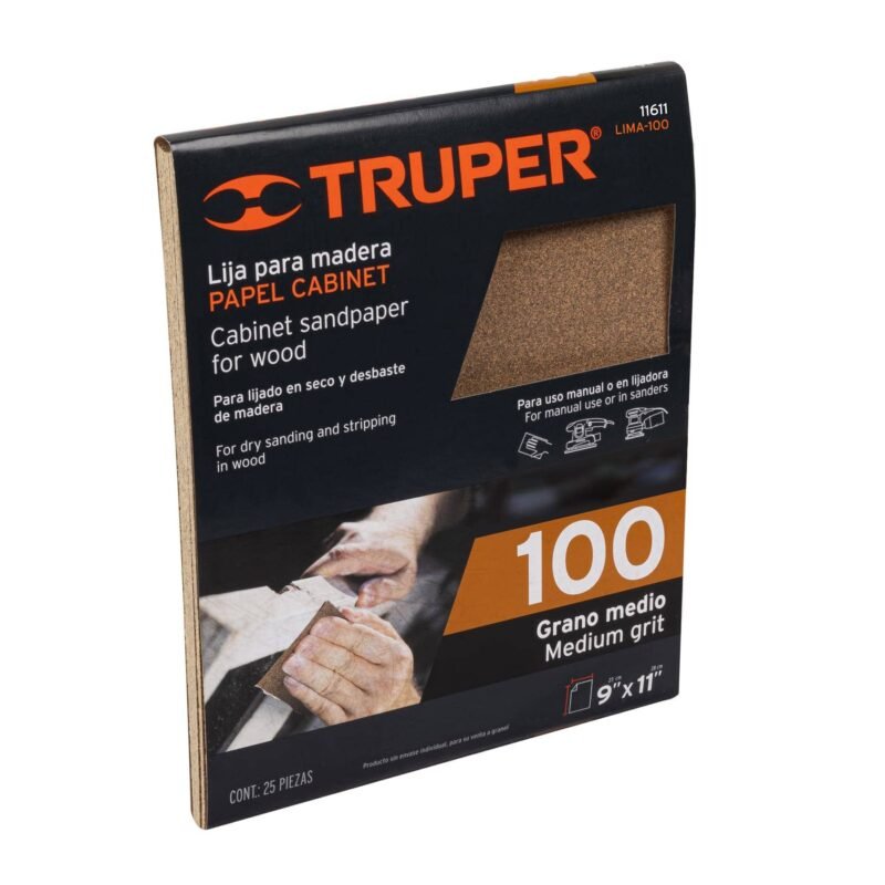 LIMA-100.jpg Código: 11611 Lija para madera papel cabinet, grano 100, Truper LIMA-100
