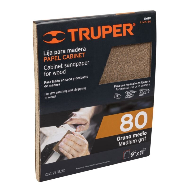 Código: 11610 Lija para madera papel cabinet, grano 80, Truper LIMA-80