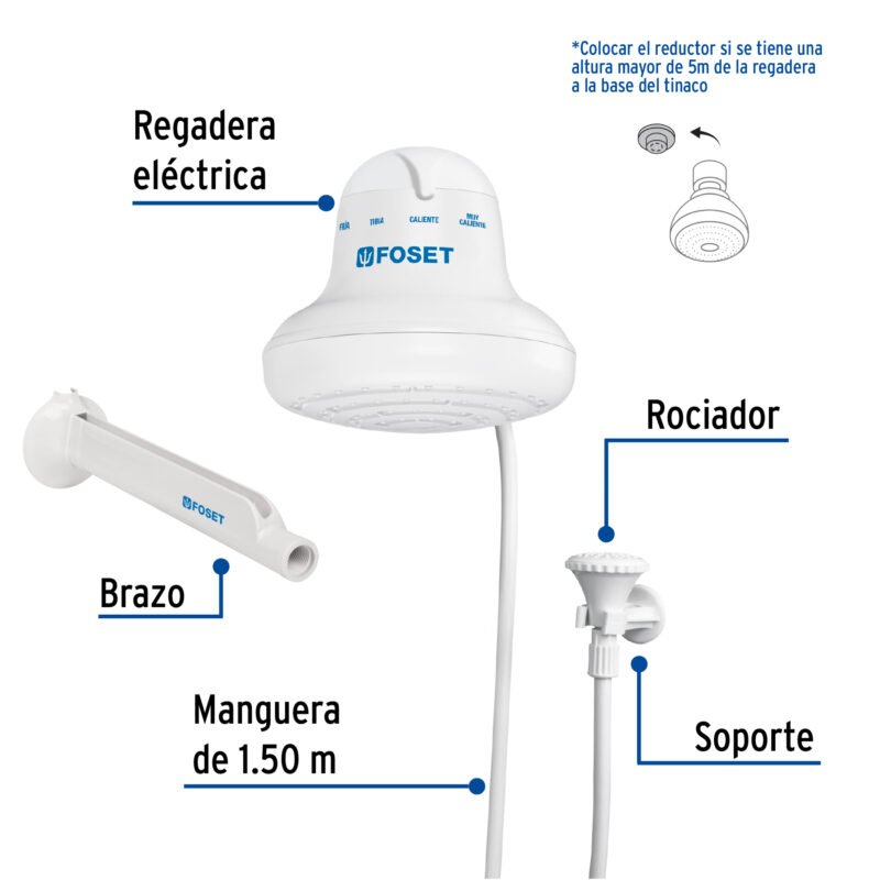 REGEL-6FC1.jpg Código: 40237 Regadera eléctrica, 4 temperaturas, 16.5cm, blanca, Foset REGEL-6