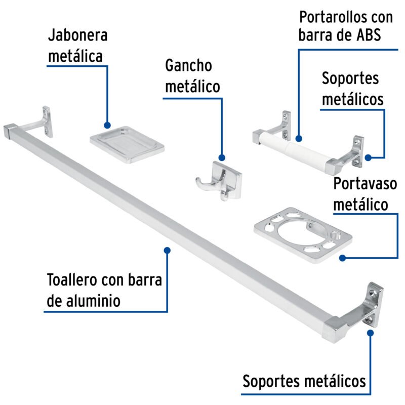 A-900FC1.jpg Código: 49607 Juego de 5 accesorios para baño, metálicos, cromo, BASIC A-900