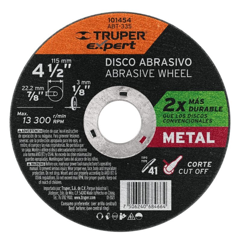 ABT-335.jpg Código: 101454 Disco para corte de metal 4-1/2' tipo 41, Truper Expert ABT-335