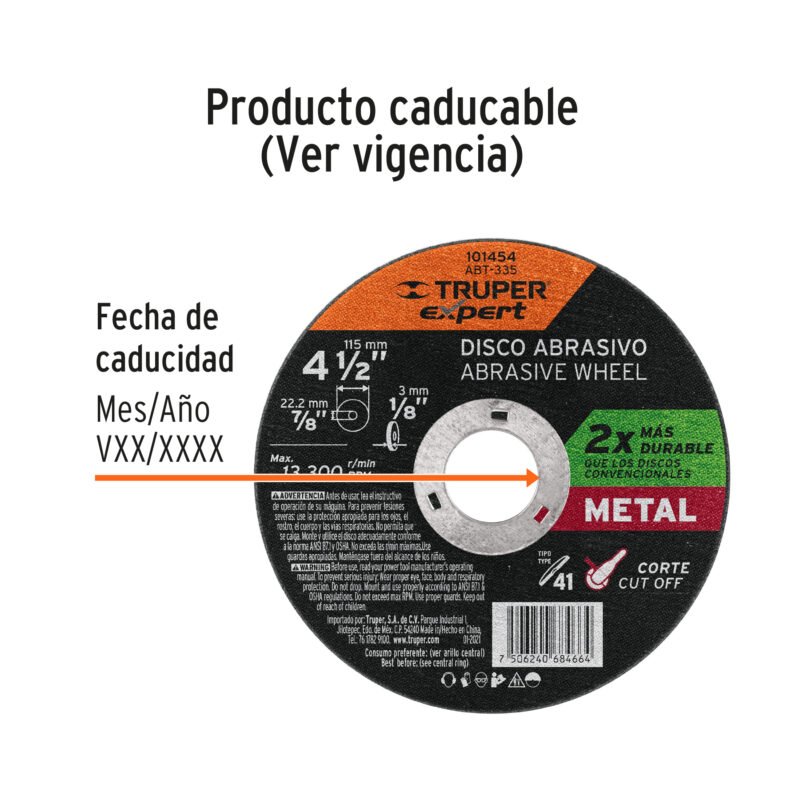 ABT-335FC2.jpg Código: 101454 Disco para corte de metal 4-1/2' tipo 41, Truper Expert ABT-335