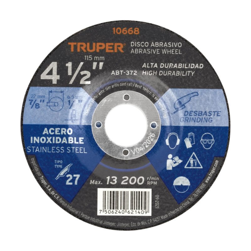ABT-372.jpg Código: 10668 Disco Tipo 27 de 4-1/2' x 6.5 mm desbaste acero inoxidable ABT-372