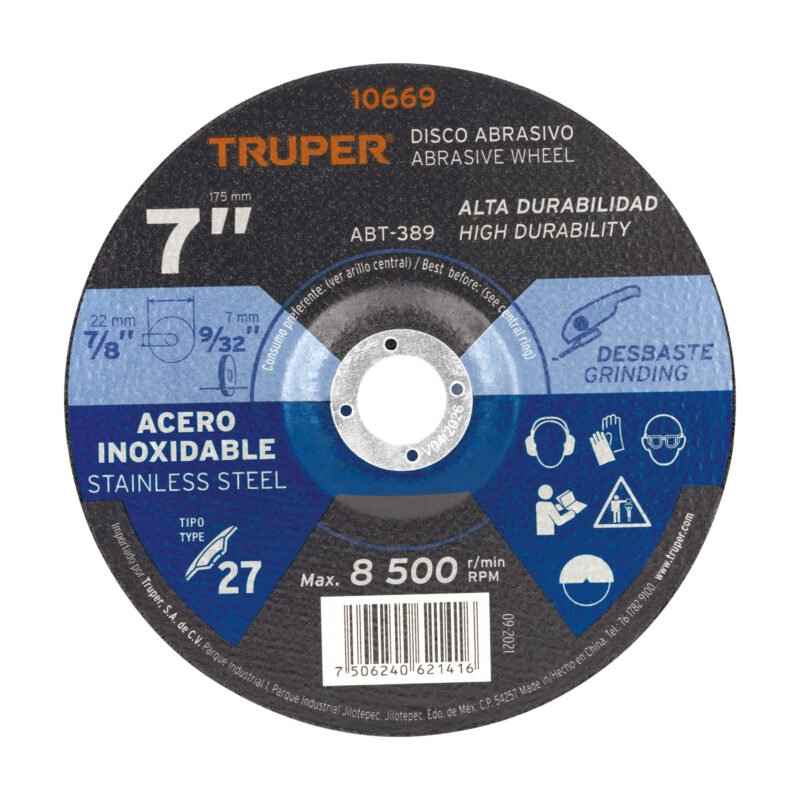 Código: 10669 Disco Tipo 27 de 7' x 7.2 mm desbaste de acero inoxidable ABT-389