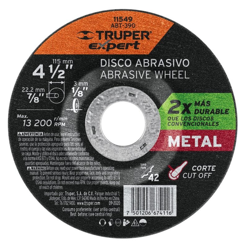 ABT-390.jpg Código: 11549 Disco Tipo 42 de 4-1/2' x 3.2 mm corte metal, Truper Expert ABT-390
