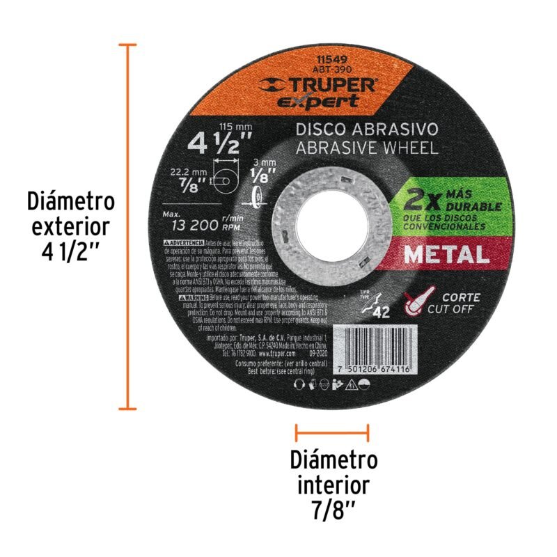 ABT-390FC1.jpg Código: 11549 Disco Tipo 42 de 4-1/2' x 3.2 mm corte metal, Truper Expert ABT-390
