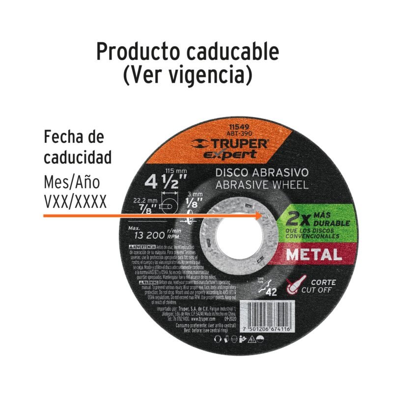 ABT-390FC2.jpg Código: 11549 Disco Tipo 42 de 4-1/2' x 3.2 mm corte metal, Truper Expert ABT-390