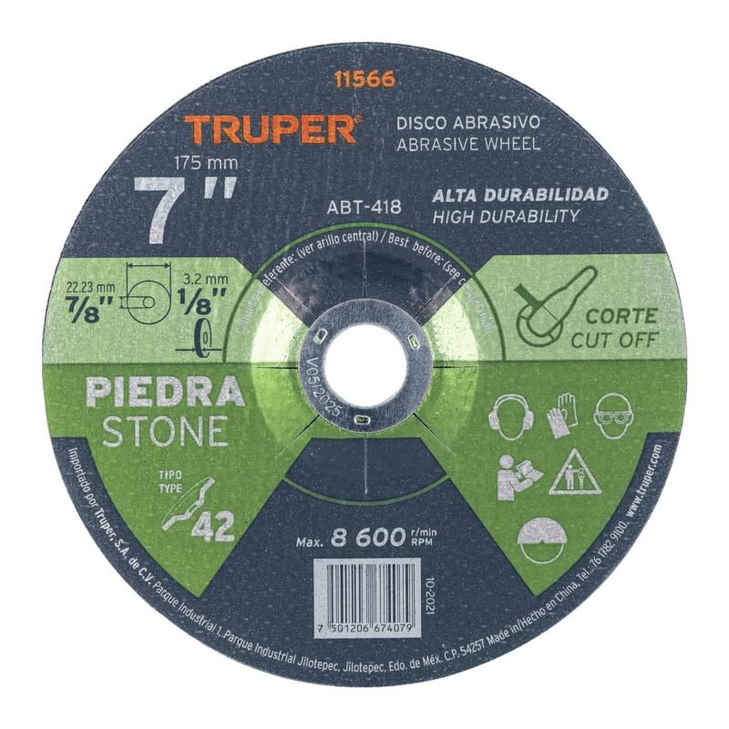ABT-418.jpg Código: 11566 Disco Tipo 42 de 7' x 3.2 mm para corte de piedra, Truper ABT-418
