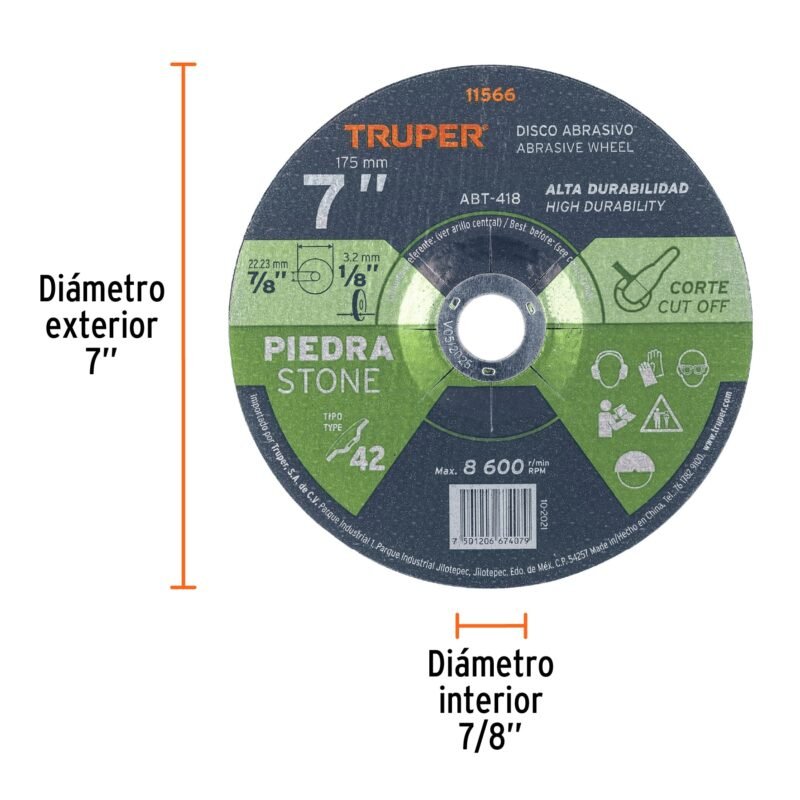 ABT-418FC1.jpg Código: 11566 Disco Tipo 42 de 7' x 3.2 mm para corte de piedra, Truper ABT-418