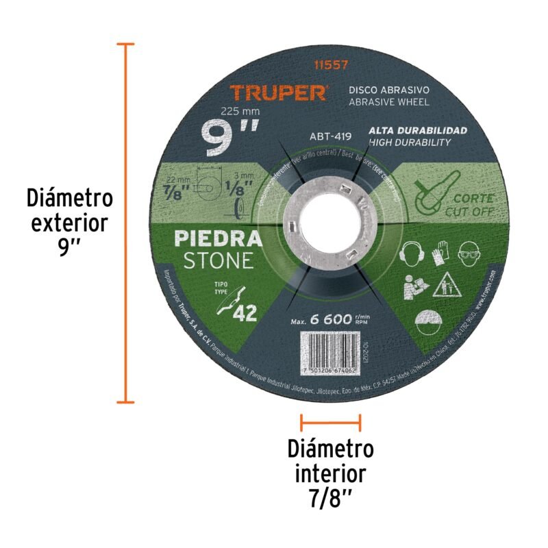 ABT-419FC1.jpg Código: 11557 Disco Tipo 42 de 9' x 3.2 mm para corte de piedra, Truper ABT-419