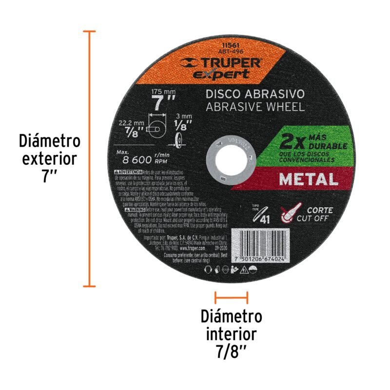 ABT-496FC1.jpg Código: 11561 Disco para corte de metal, tipo 41, diámetro 7' Expert ABT-496