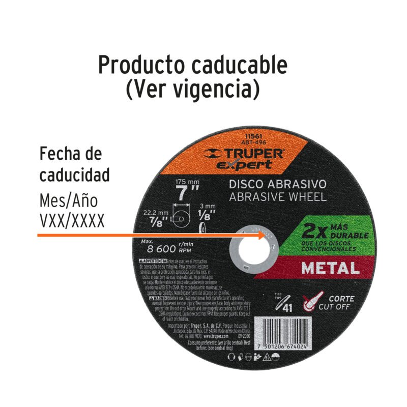 ABT-496FC2.jpg Código: 11561 Disco para corte de metal, tipo 41, diámetro 7' Expert ABT-496