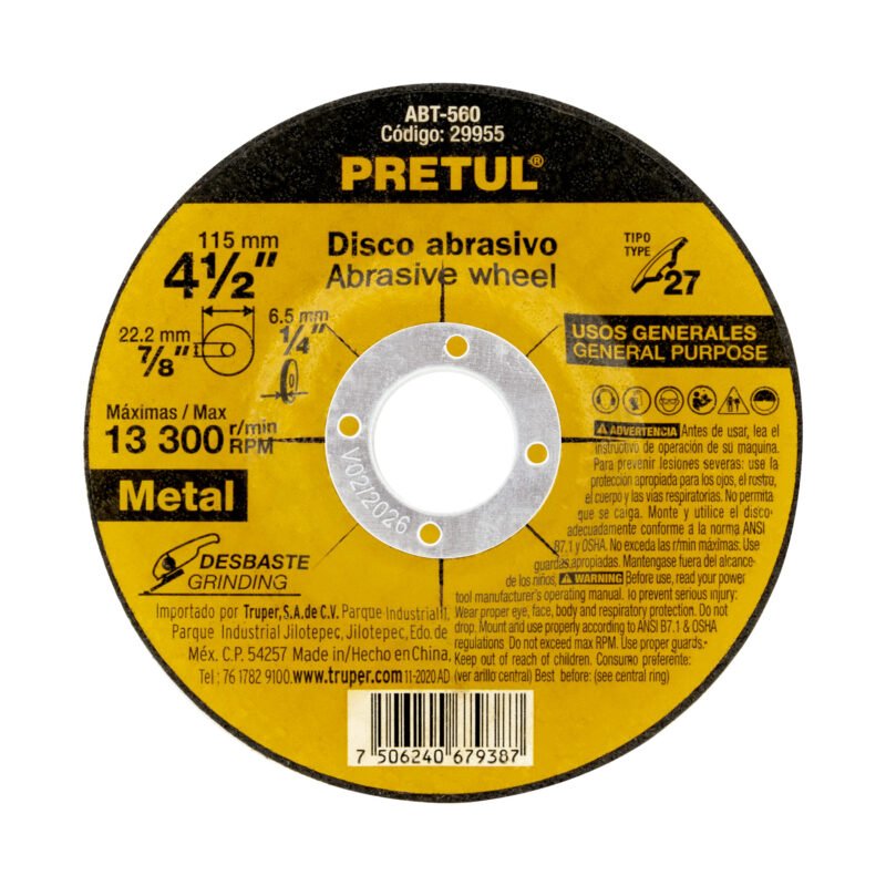 ABT-560.jpg Código: 29955 Disco Tipo 27 de 4-1/2' x 6.2 mm desbaste de metal, Pretul ABT-560