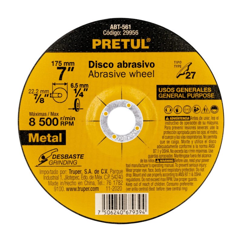 ABT-561.jpg Código: 29956 Disco Tipo 27 de 7' x 6.2 mm desbaste de metal, Pretul ABT-561