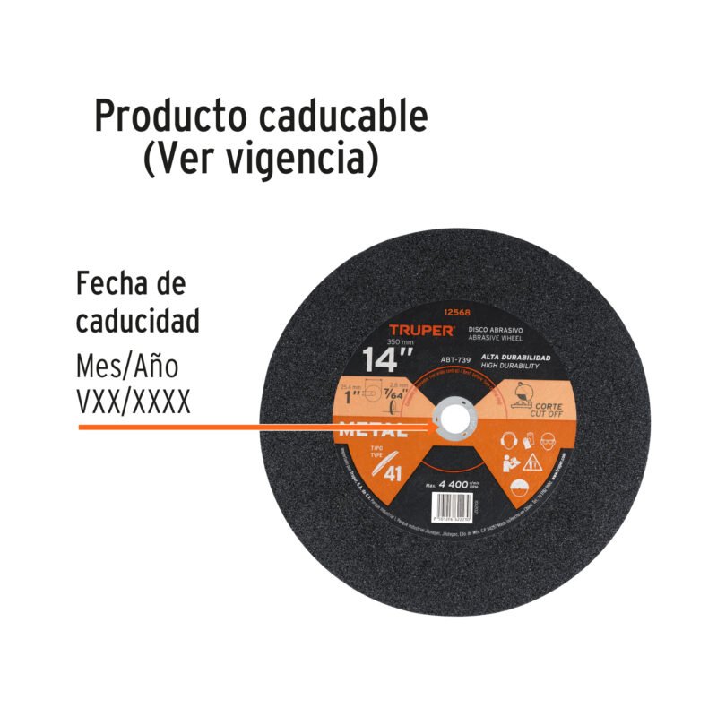 Código: 12568 Disco Tipo 41 de 14' x 3.1 mm para corte de metal, TRUPER ABT-739