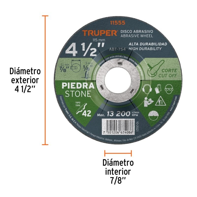 ABT-754FC1.jpg Código: 11555 Disco Tipo 42 de 4-1/2' x 3.2 mm para corte de piedra ABT-754