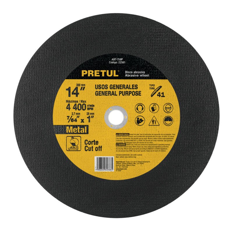 ABT-758P.jpg Código: 22561 Disco Tipo 41 de 14' x 3.1 mm para corte de metal, PRETUL ABT-758P