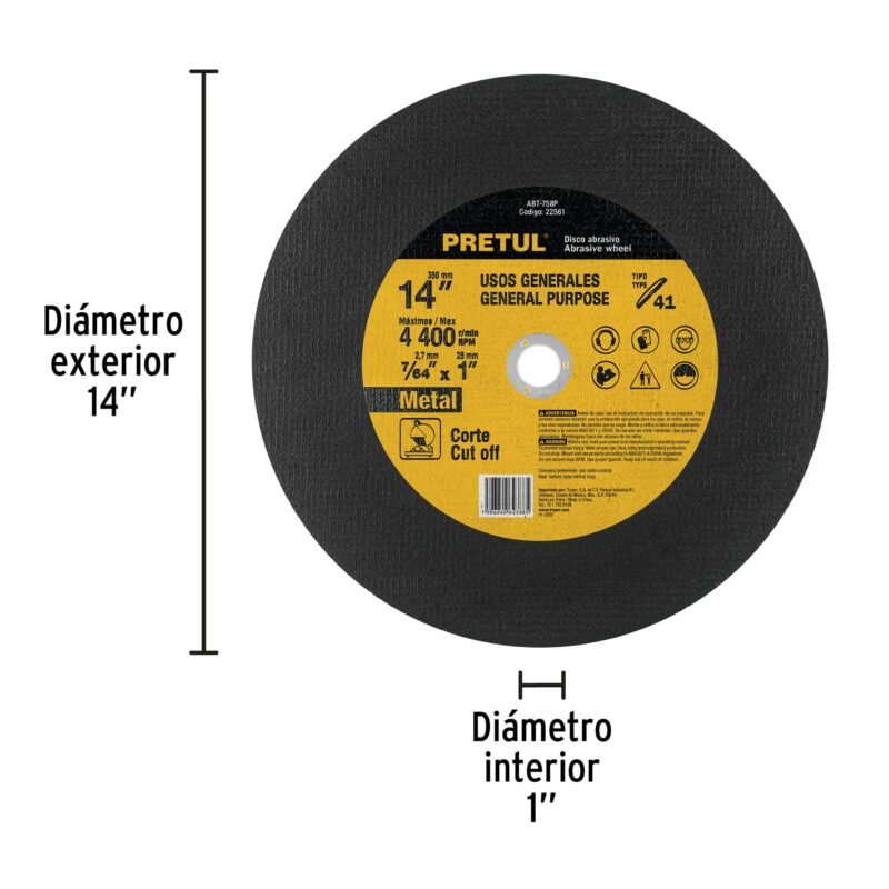ABT-758PFC1.jpg Código: 22561 Disco Tipo 41 de 14' x 3.1 mm para corte de metal, PRETUL ABT-758P