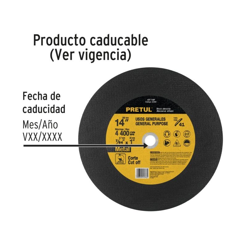 ABT-758PFC2.jpg Código: 22561 Disco Tipo 41 de 14' x 3.1 mm para corte de metal, PRETUL ABT-758P