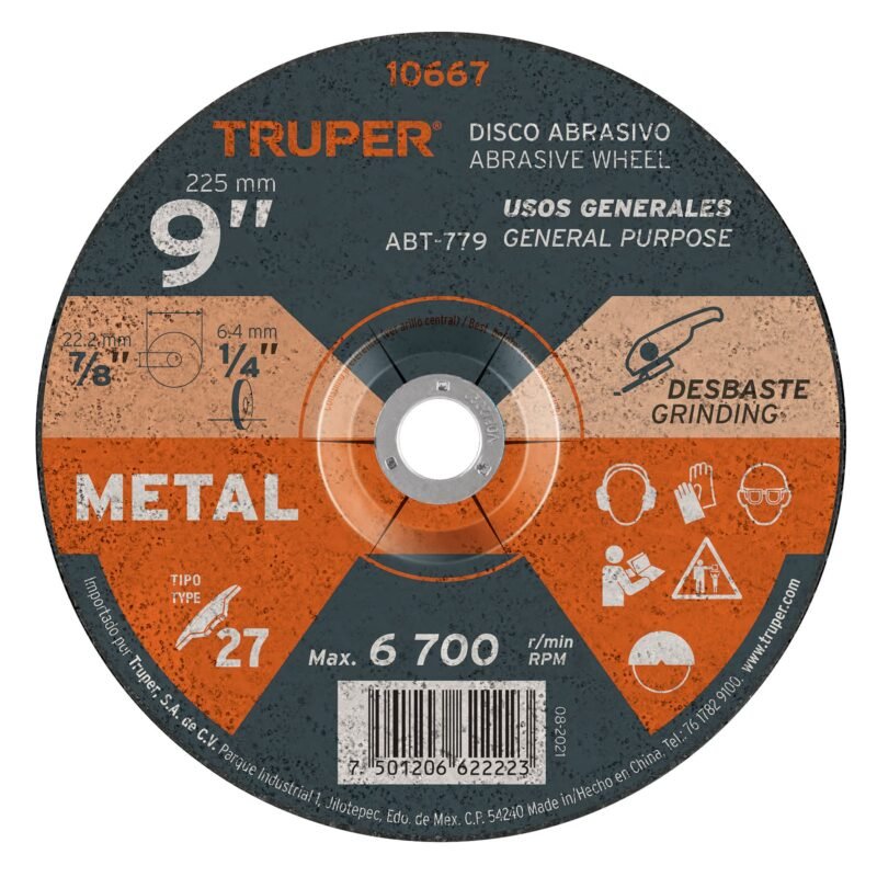 ABT-779.jpg Código: 10667 Disco Tipo 27 de 9' x 6.4 mm para desbaste de metal, Truper ABT-779