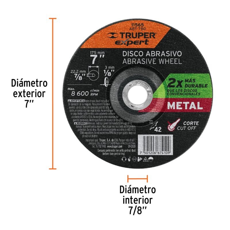 ABT-780FC1.jpg Código: 11565 Disco Tipo 42 de 7' x 3.2 mm corte metal, Truper Expert ABT-780