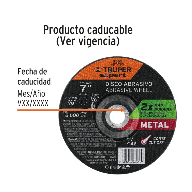 ABT-780FC2.jpg Código: 11565 Disco Tipo 42 de 7' x 3.2 mm corte metal, Truper Expert ABT-780