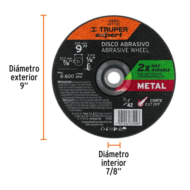 ABT-782FC1.jpg Código: 11554 Disco Tipo 42 de 9' x 3.2 mm corte metal, Truper Expert ABT-782