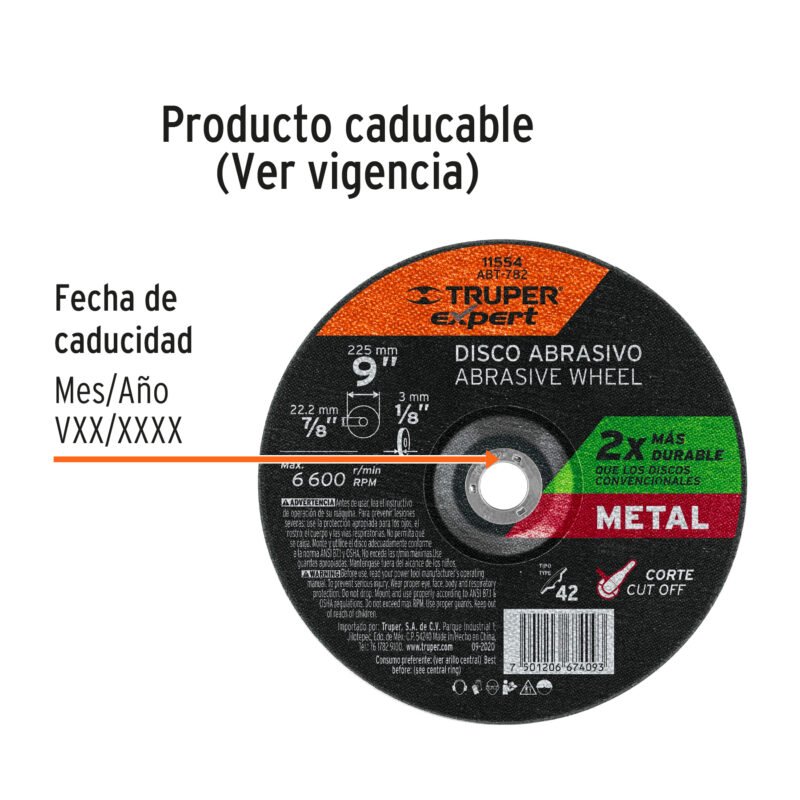 ABT-782FC2.jpg Código: 11554 Disco Tipo 42 de 9' x 3.2 mm corte metal, Truper Expert ABT-782