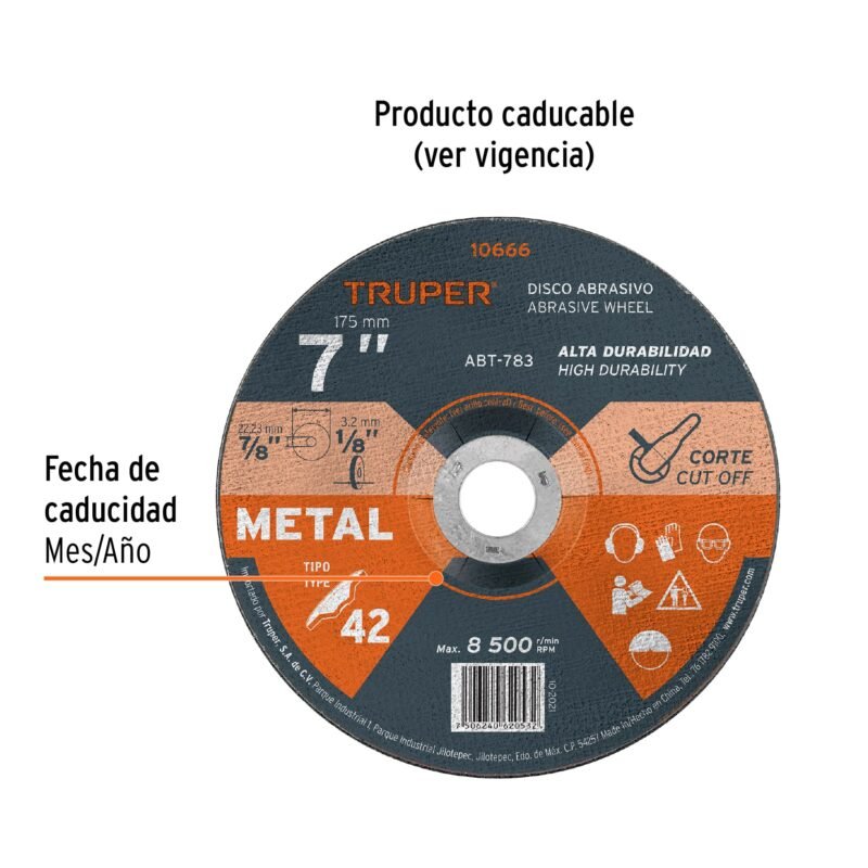 ABT-783FC2.jpg Código: 10666 Disco Tipo 42 de 7' x 3.2 mm para corte de metal, Truper ABT-783