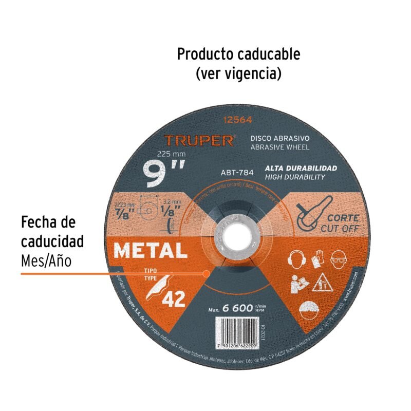 Código: 12564 Disco Tipo 42 de 9' x 3.2 mm para corte de metal, Truper ABT-784