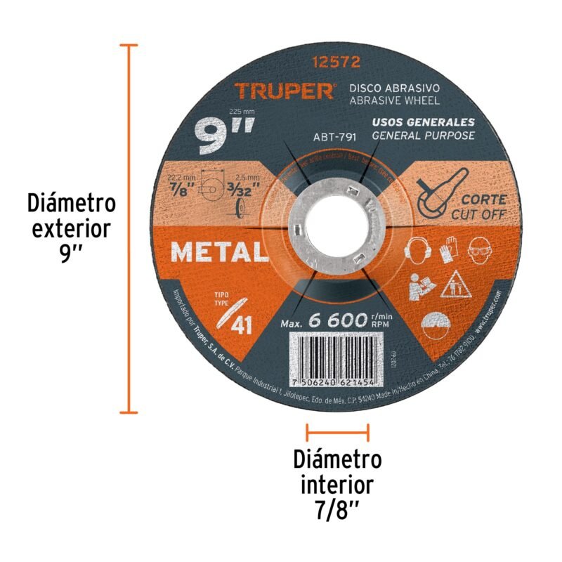 Código: 12572 Disco de 9' para corte de metal, tipo 41, Truper ABT-791