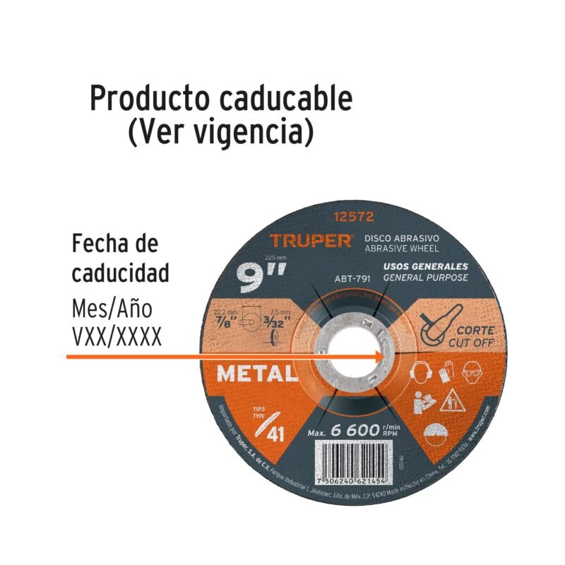 Código: 12572 Disco de 9' para corte de metal, tipo 41, Truper ABT-791
