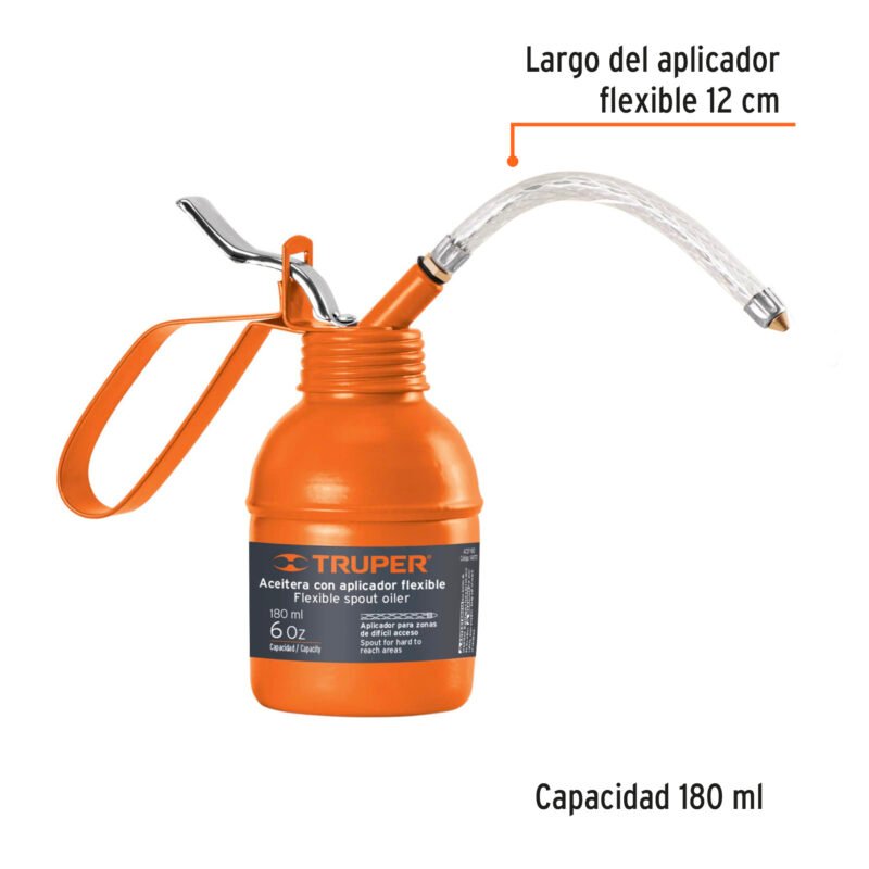 ACEF-180FC2.jpg Código: 14870 Aceitera de 180 ml (6 oz) con aplicador flexible, Truper ACEF-180