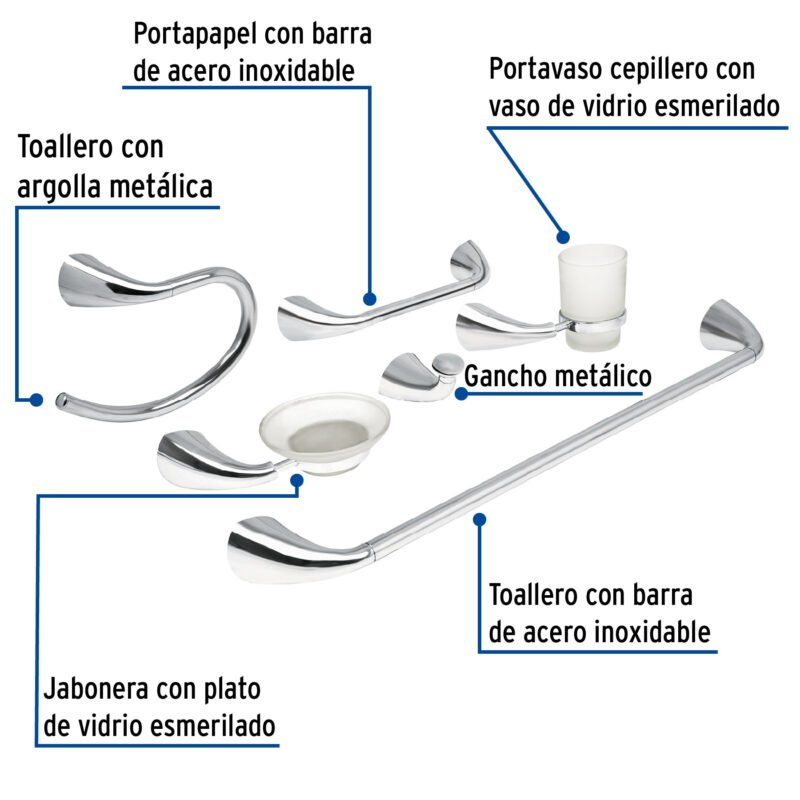 AEA-7000FC1.jpg Código: 49640 Juego de 6 accesorios para baño metálicos, Foset Aero AEA-7000