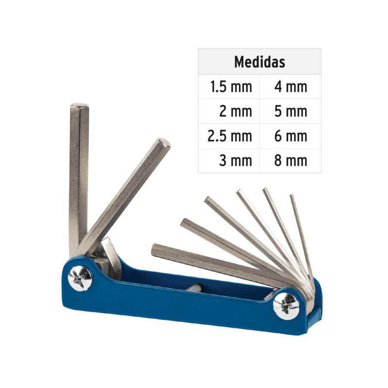 ALL-8MFC2.jpg Código: 15555 Juego de 8 llaves allen mm tipo navaja, cuerpo de lámina ALL-8M