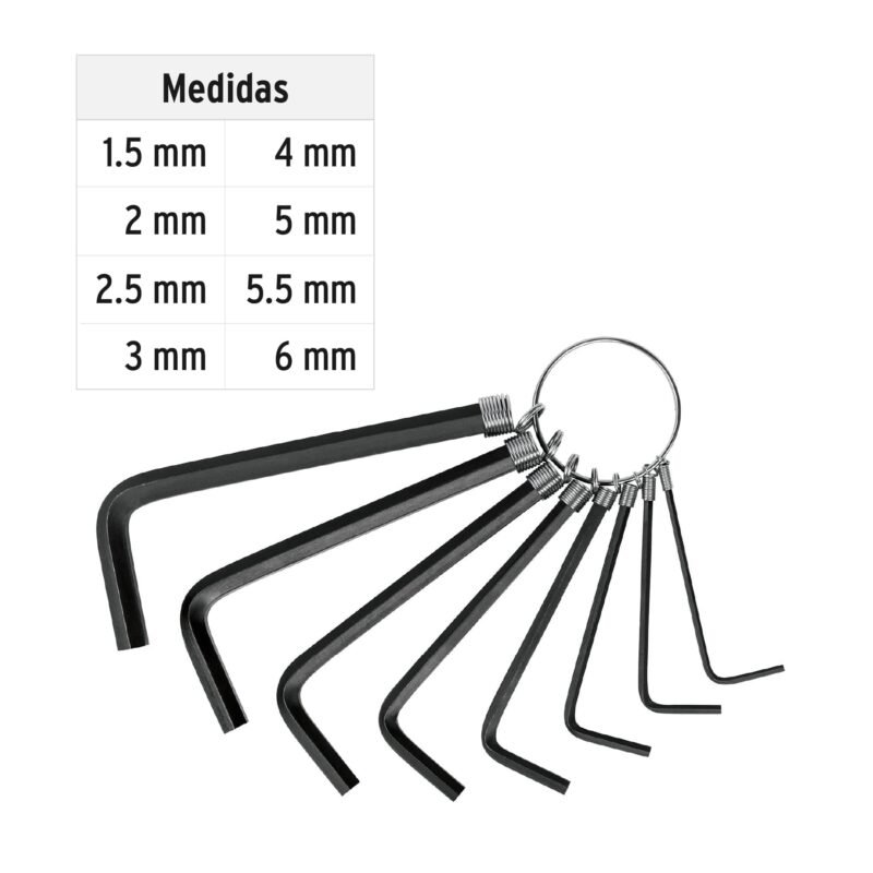ALL-P8MFC2.jpg Código: 21851 Juego de 8 llaves allen mm tipo llavero, punta hex, PRETUL ALL-P8M
