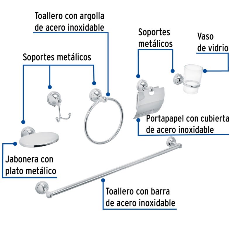 Código: 48340 Juego de 6 acc. p/baño cromo chapetón redondo chico, Aqua AQA-4002