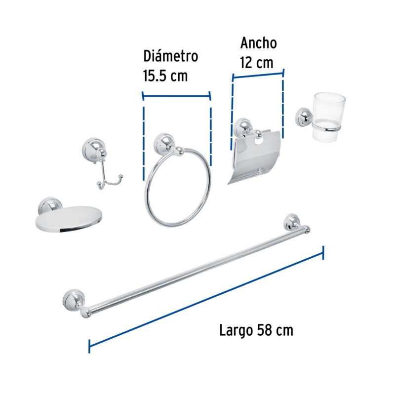 Código: 48340 Juego de 6 acc. p/baño cromo chapetón redondo chico, Aqua AQA-4002
