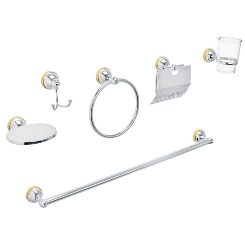 AQA-4002G.jpg Código: 48343 Juego 6 acc. p/baño cromo-oro chapetón redondo chico, Aqua AQA-4002G