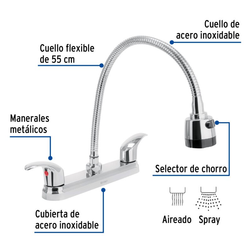 AQF-88FC1.jpg Código: 49820 Mezcladora fregadero 8' cromo, cuello flexible, palanca,AQUA AQF-88