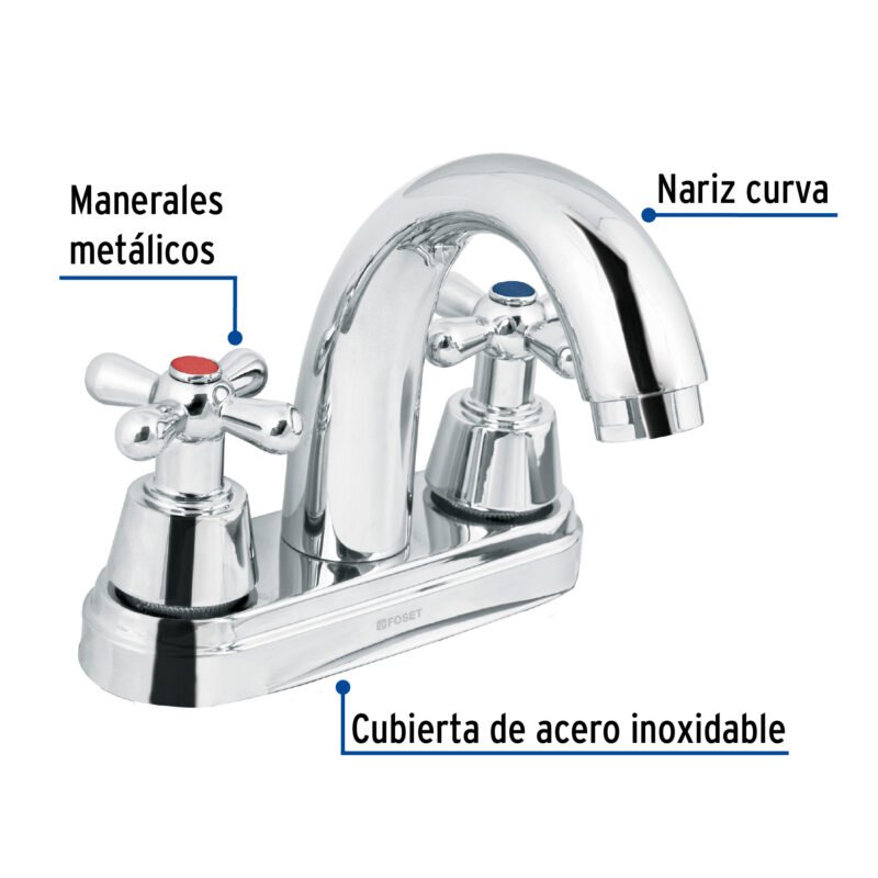 Código: 49692 Mezcladora lavabo 4' cromo, nariz curva, cruceta, AQUA AQM-51