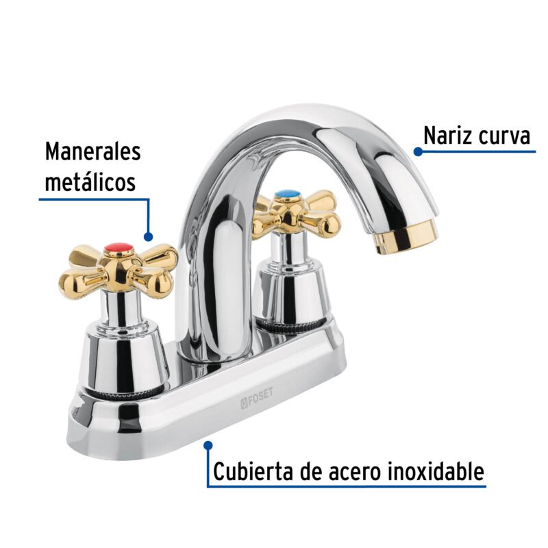 AQM-51GFC1.jpg Código: 45355 Mezcladora lavabo 4' cromo-oro, nariz curva, cruceta, AQUA AQM-51G