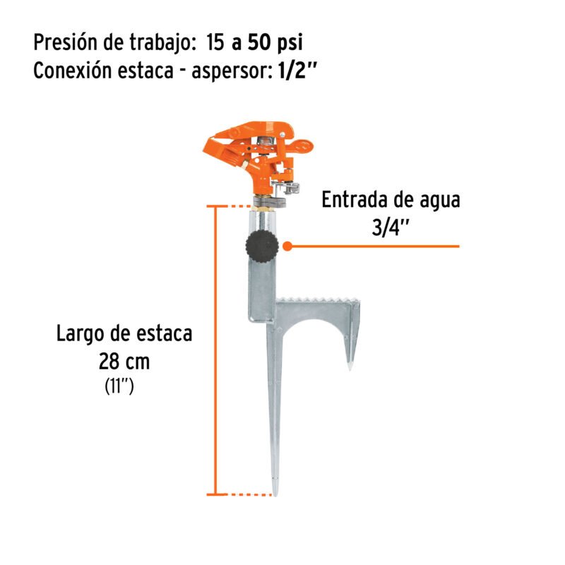 ASP-11RFC2.jpg Código: 10323 Aspersor metálico 14' dos vías, reforzado, estaca de escalón ASP-11R