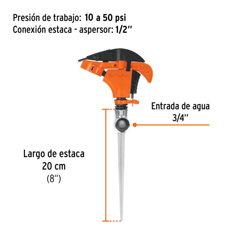ASP-P11FC2.jpg Código: 10336 Aspersor plástico 11', una vía, estaca metálica, Truper ASP-P11