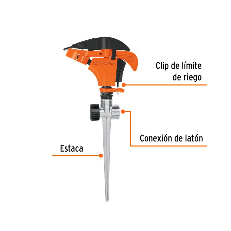 ASP-P11XFC1.jpg Código: 10339 Aspersor plástico 11', dos vías, estaca metalica, Truper ASP-P11X