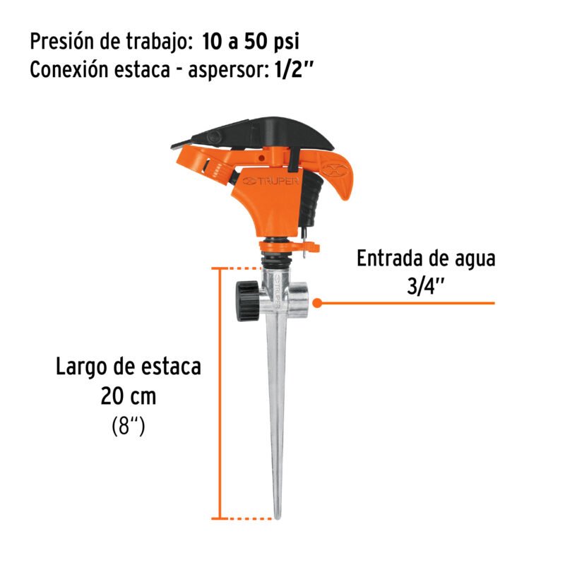 ASP-P11XFC2.jpg Código: 10339 Aspersor plástico 11', dos vías, estaca metalica, Truper ASP-P11X